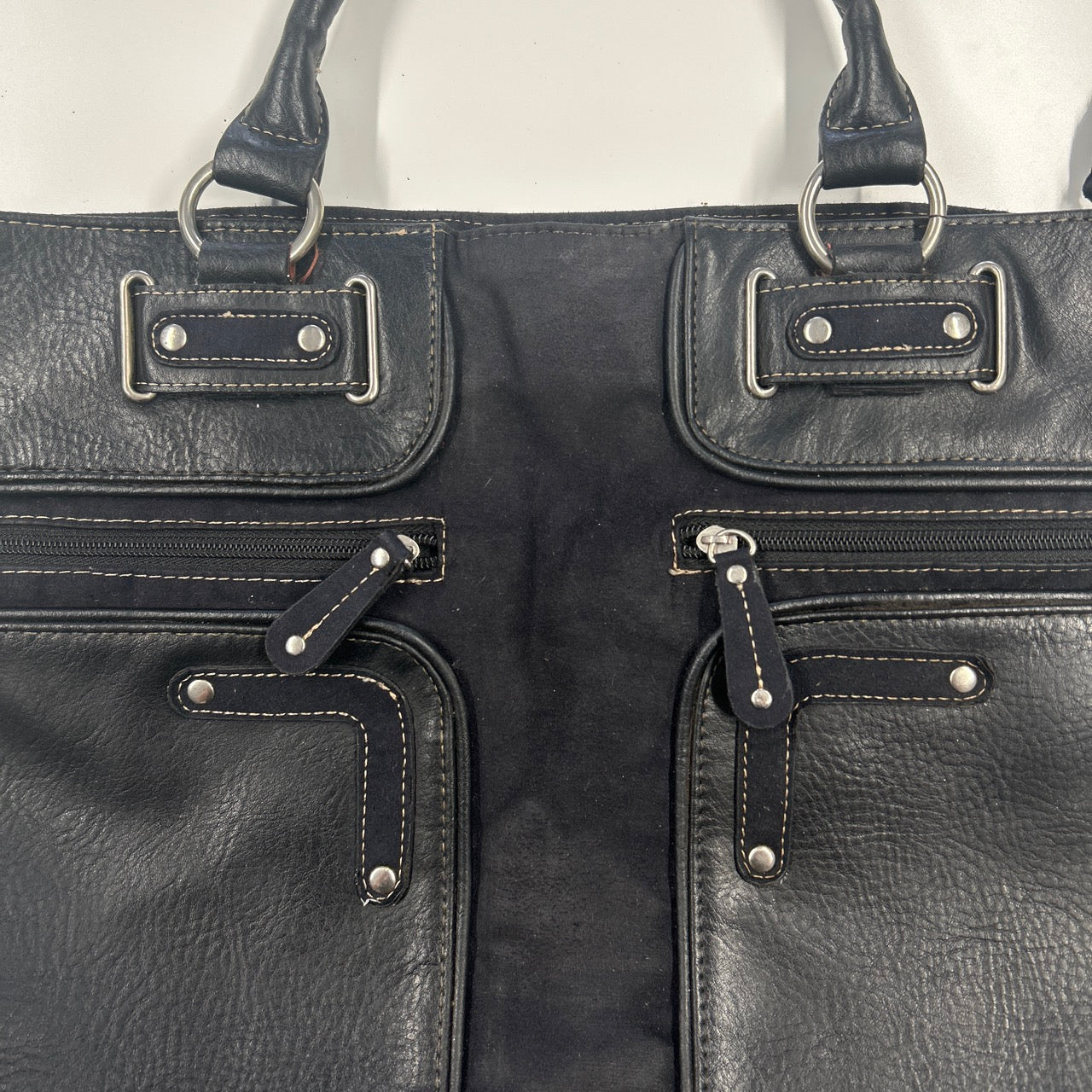 black double zip faux leather shoulder bag