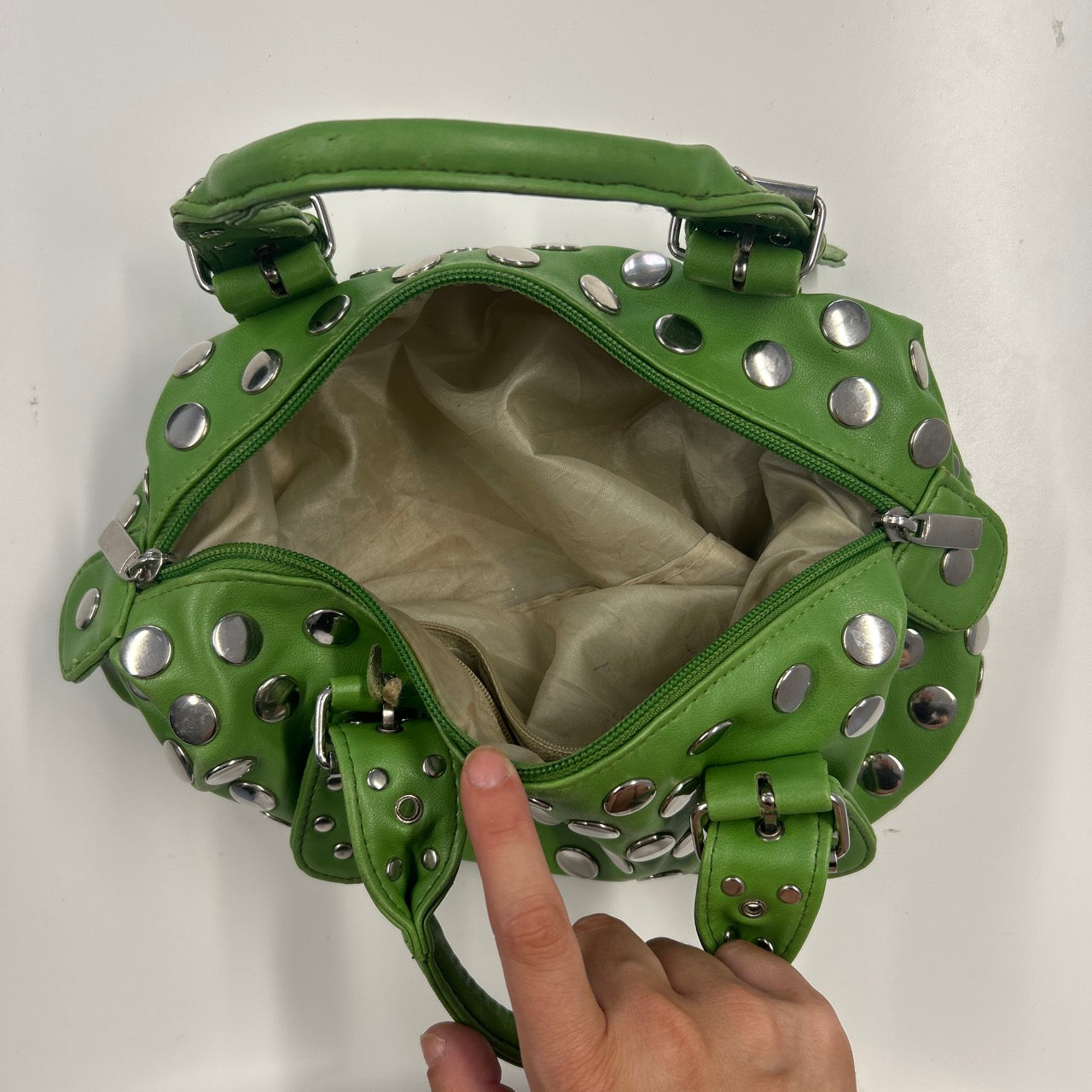 green studded double buckle mini hand bag
