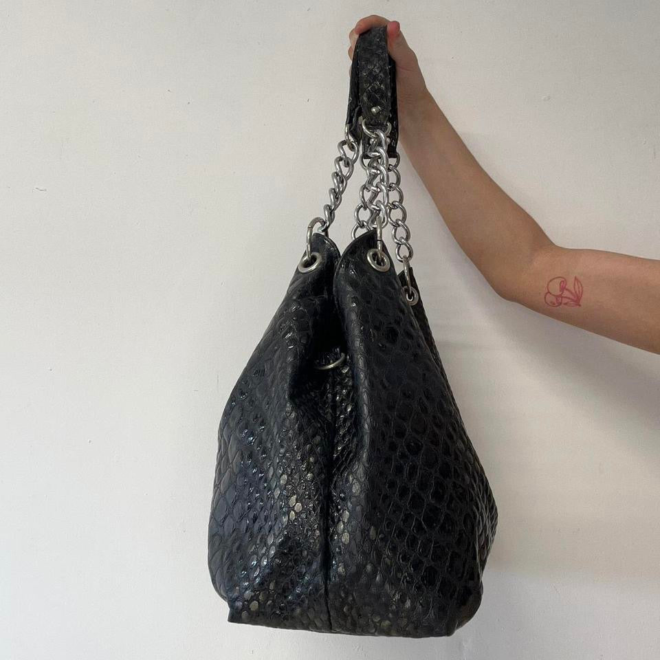 black faux leather croc effect shoulder bag