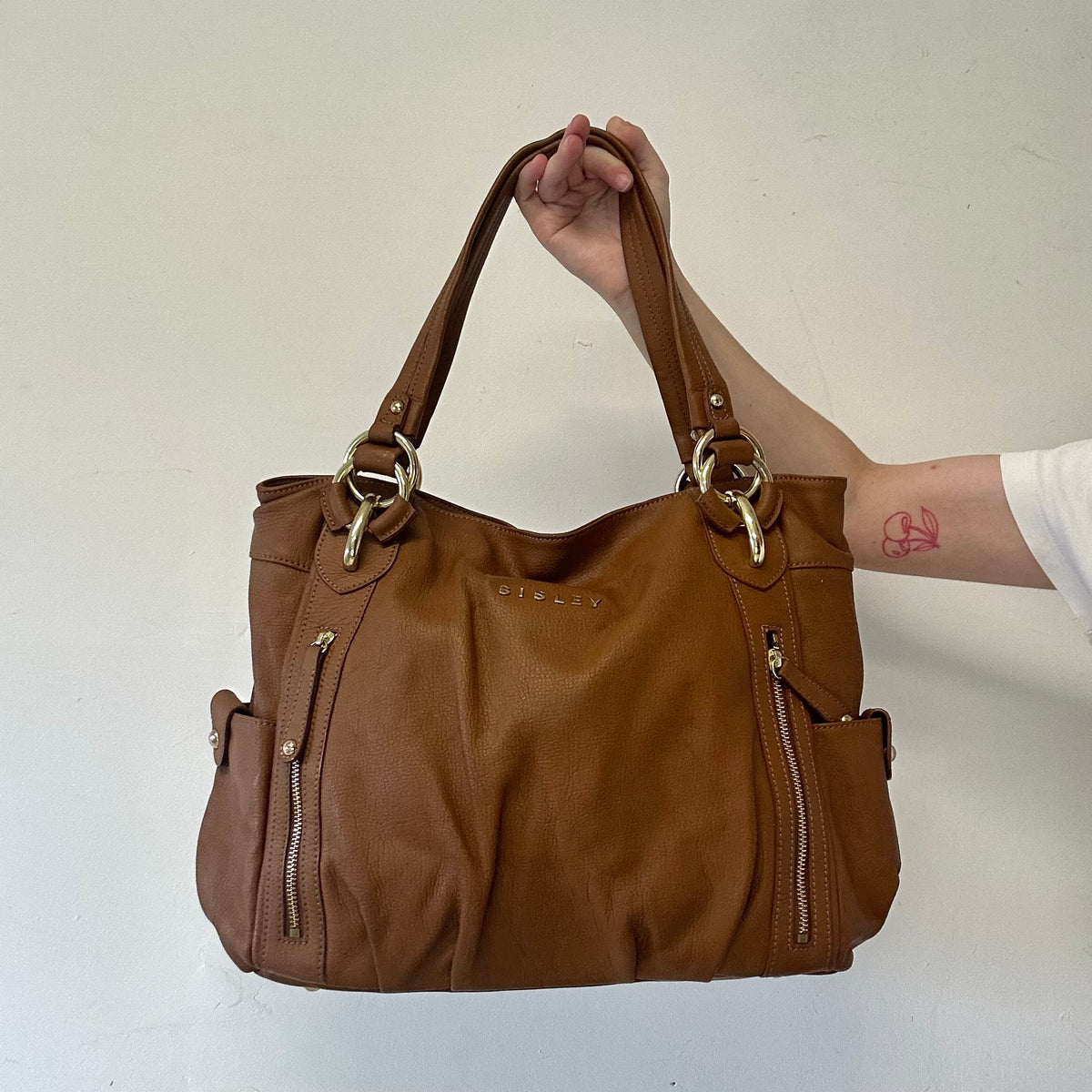 brown genuine leather double zip shoulder bag