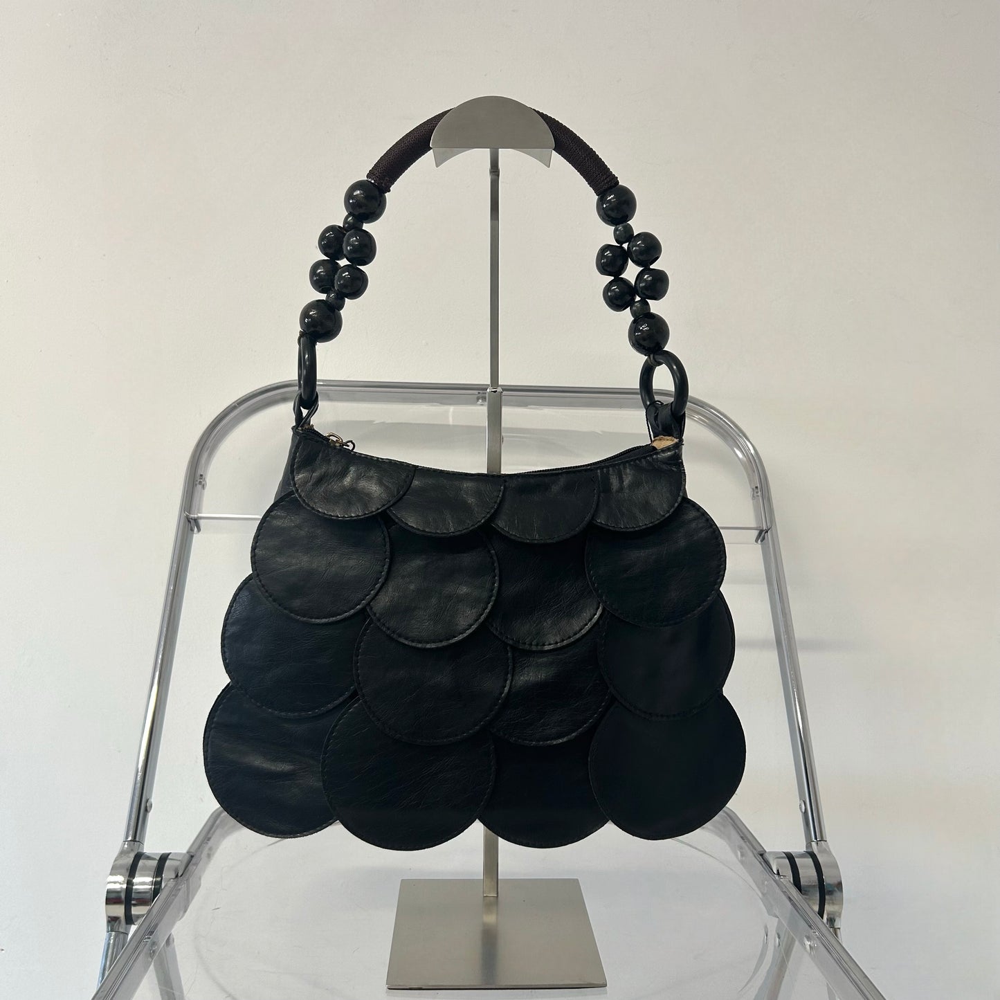 black faux leather disc beaded shoulder bag