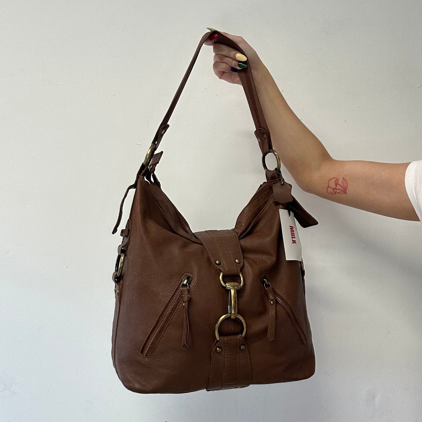 brown genuine leather buckle shoulder bag