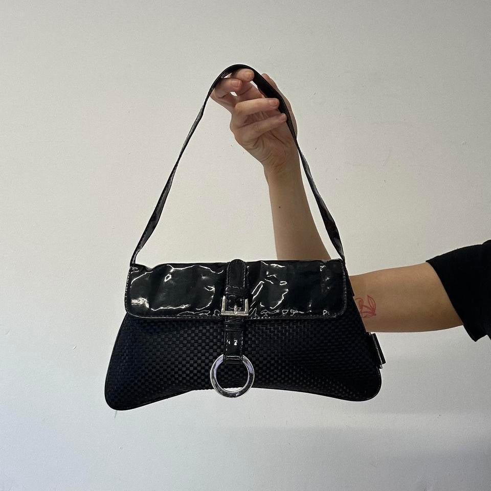 black woven effect oversized buckle shoulder bag