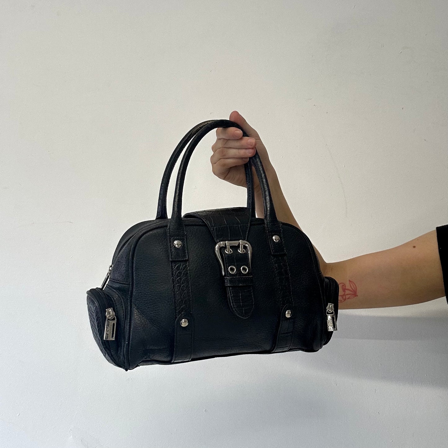 black genuine leather buckle shoulder bag