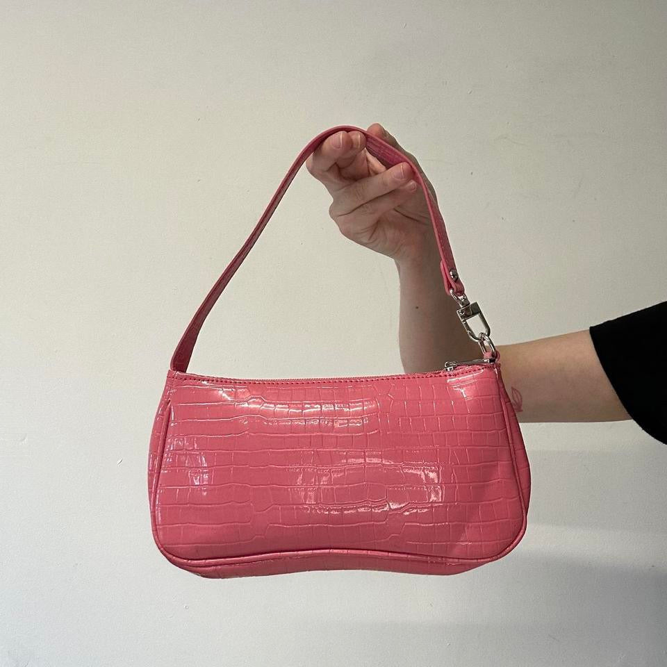 pink faux leather croc effect shoulder bag