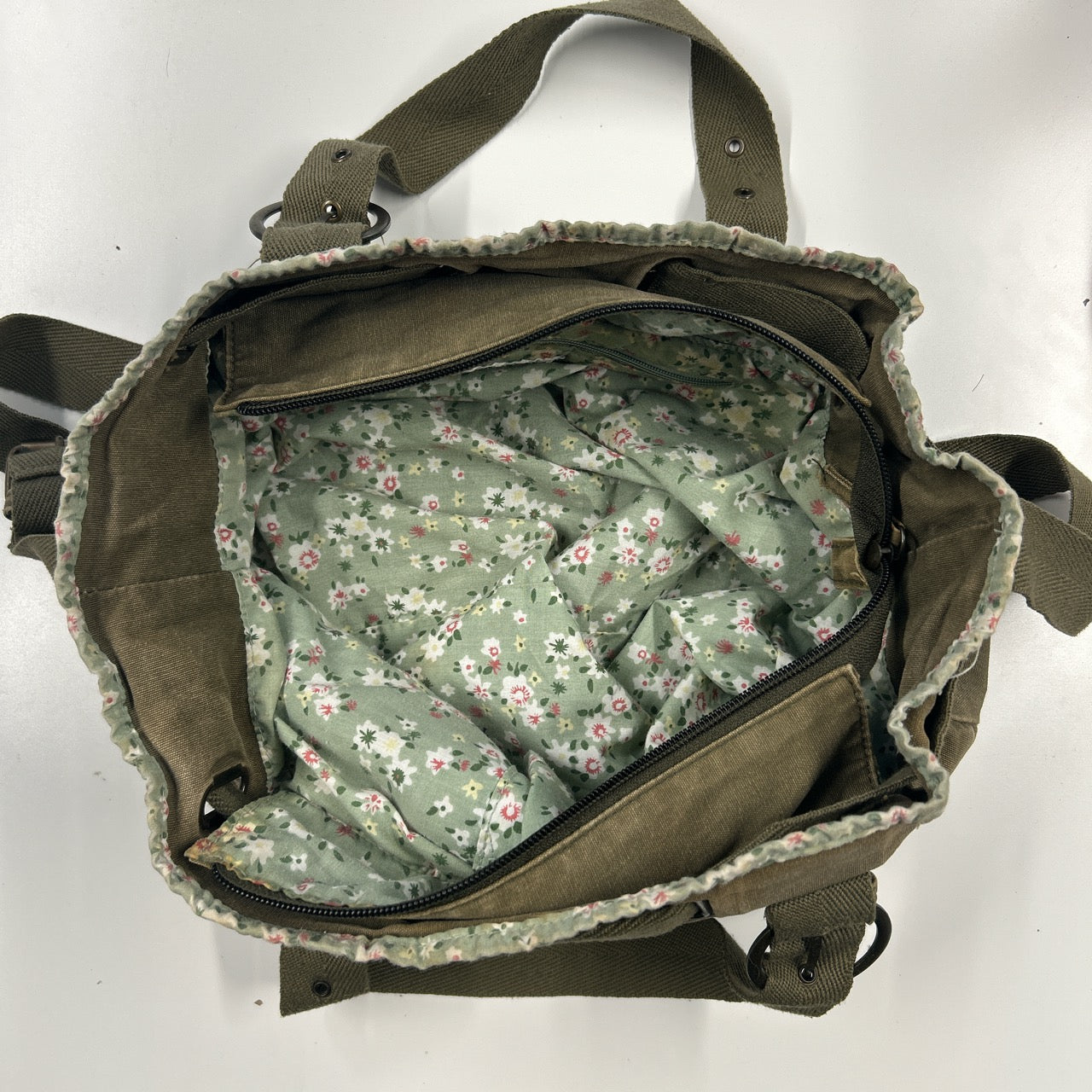 khaki and floral double pocket cargo shoulder bag