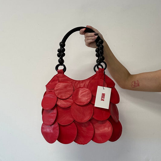 red faux leather disc beaded shoulder bag