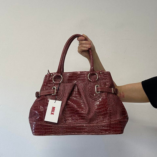 red pink faux leather croc effect shoulder bag