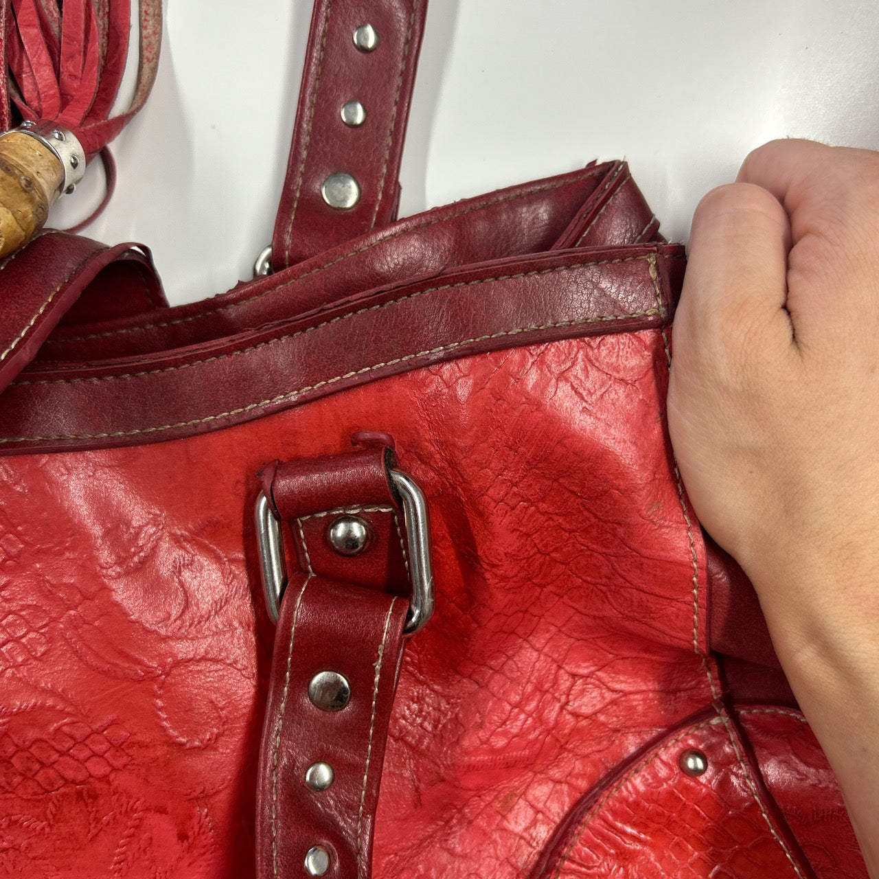 red faux leather croc effect studded  shoulder bag