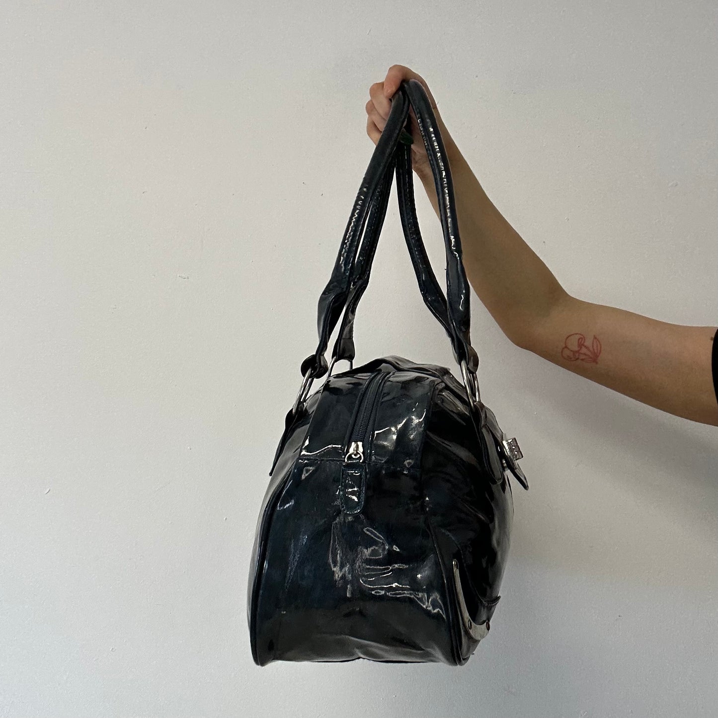 navy patent bowler shoulder bag