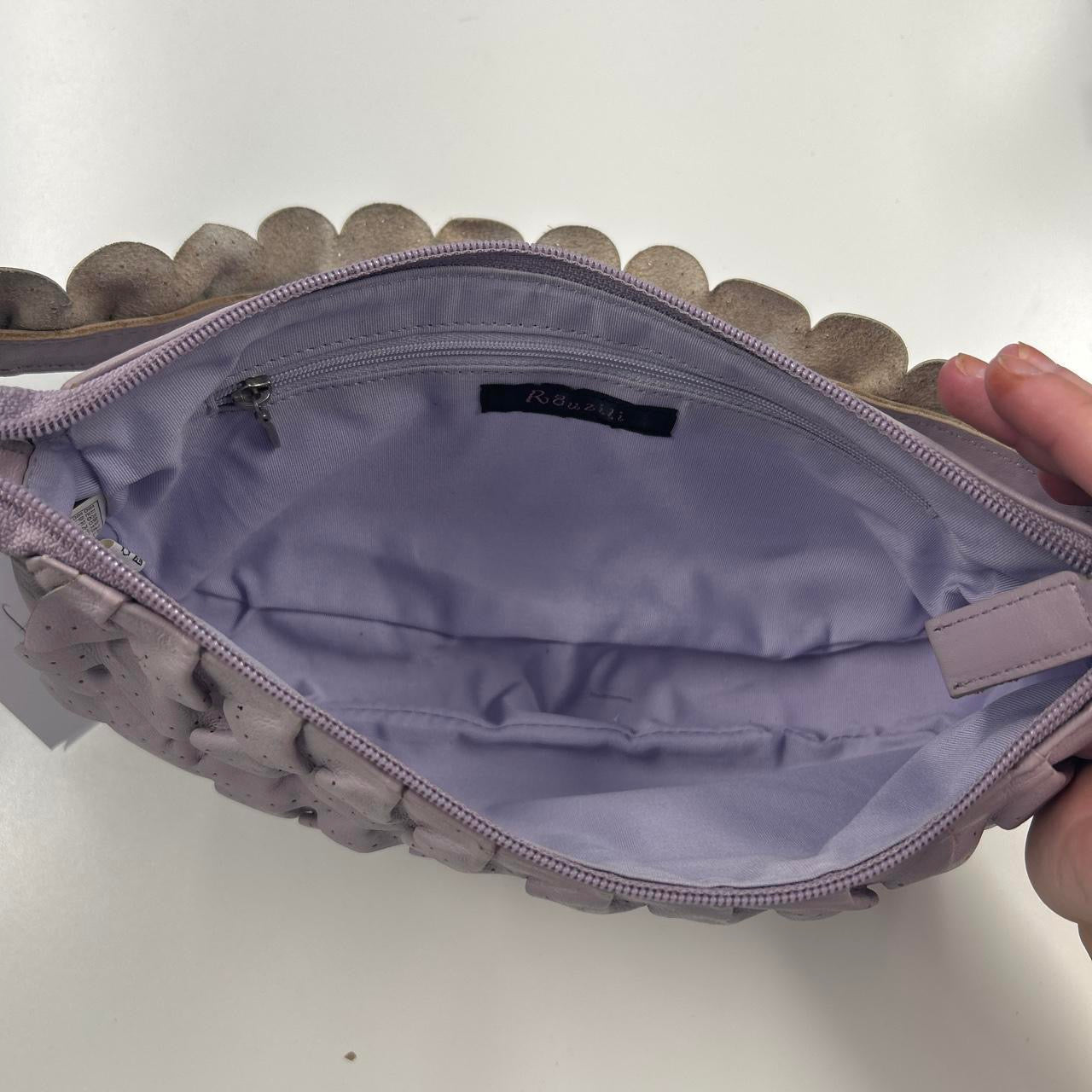 lilac faux leather ruffled shoulder bag