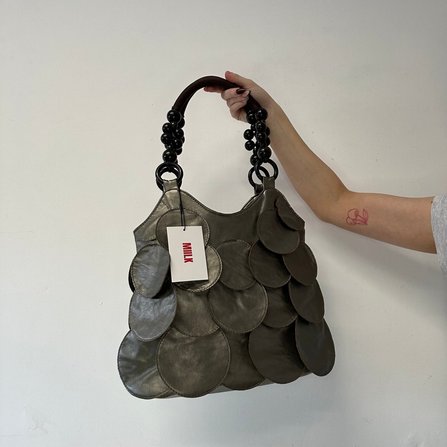 grey metallic faux leather disc beaded shoulder bag