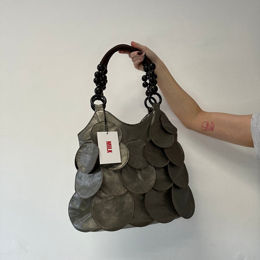 grey metallic faux leather disc beaded shoulder bag