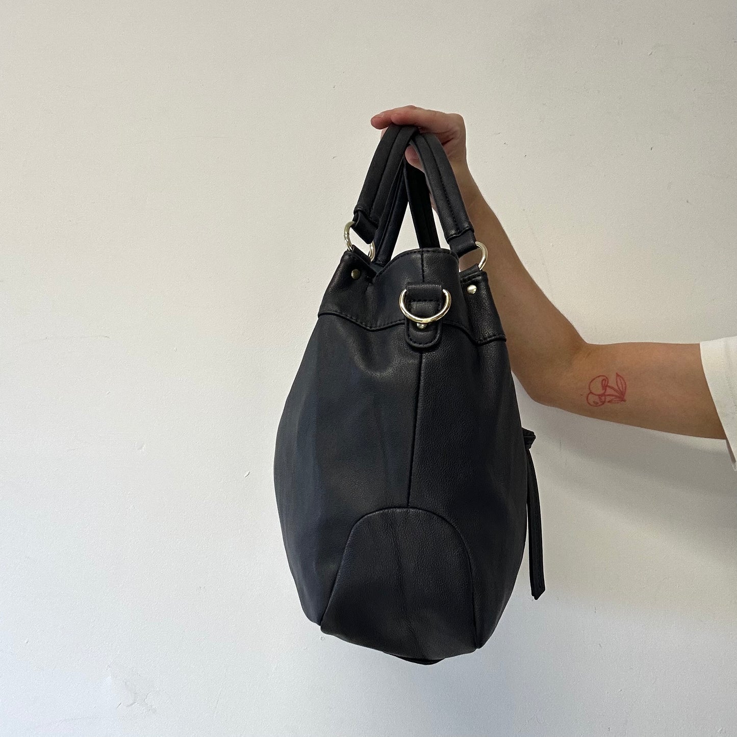 navy blue double zip faux leather shoulder bag