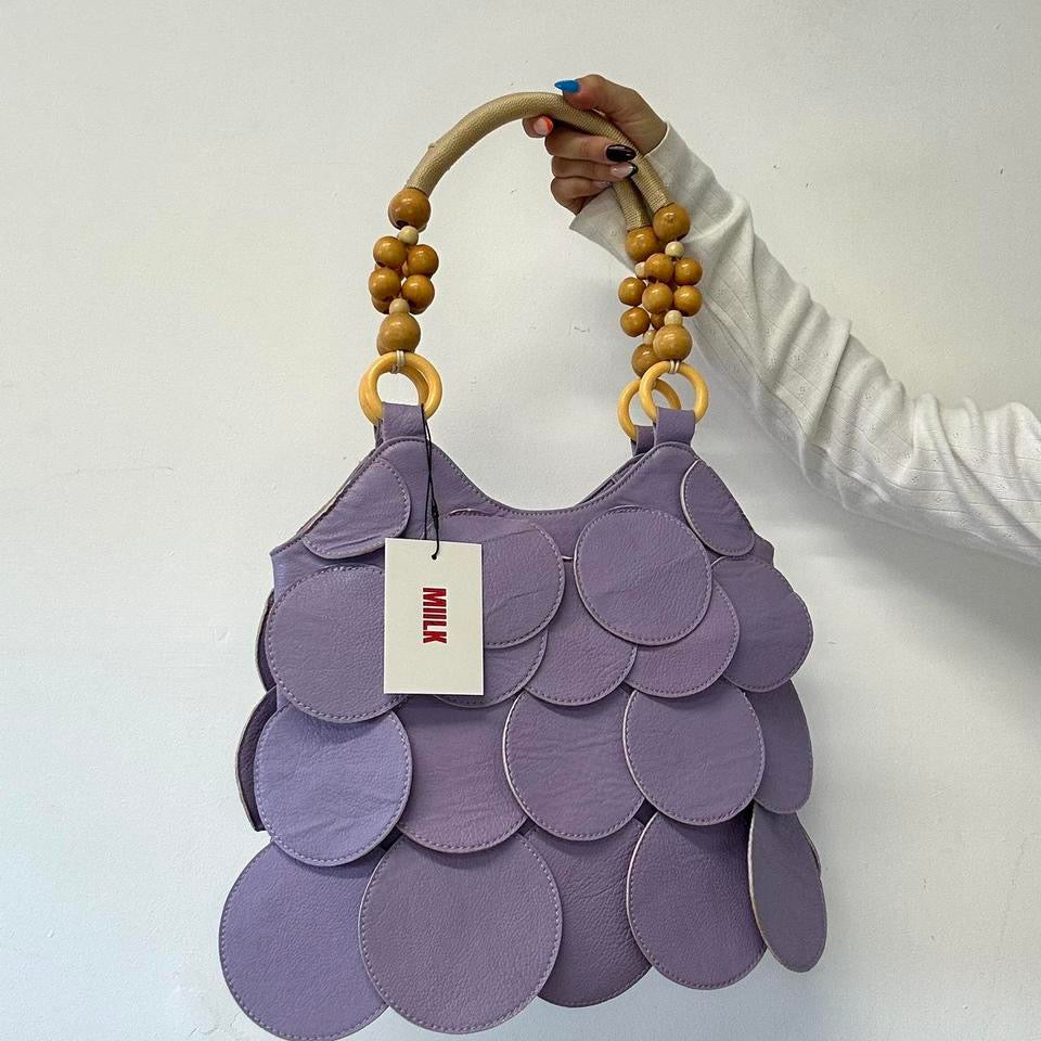 purple leather disc beaded shoulder bag
