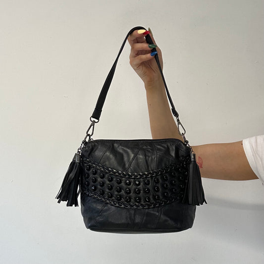 black faux leather studded shoulder bag