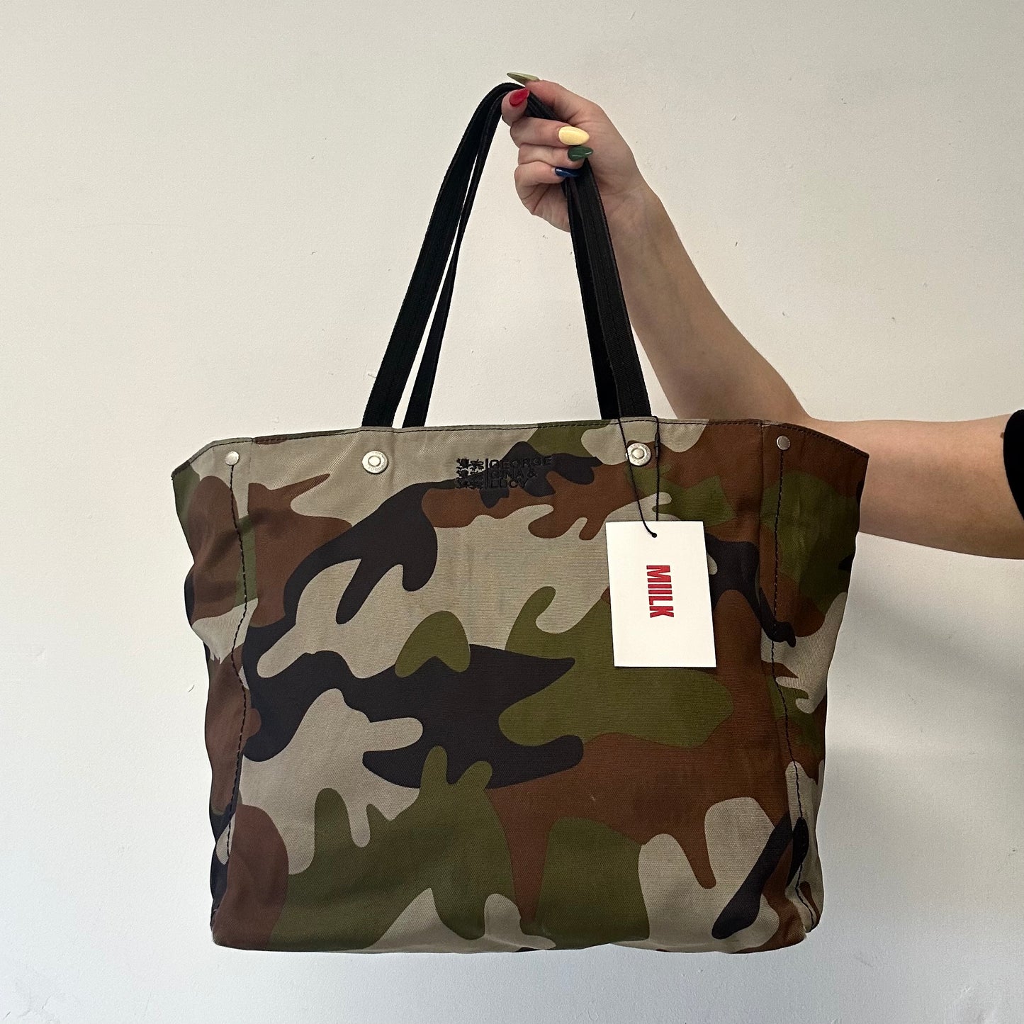 green camouflage george gina and lucy studded canvas shoulder bag
