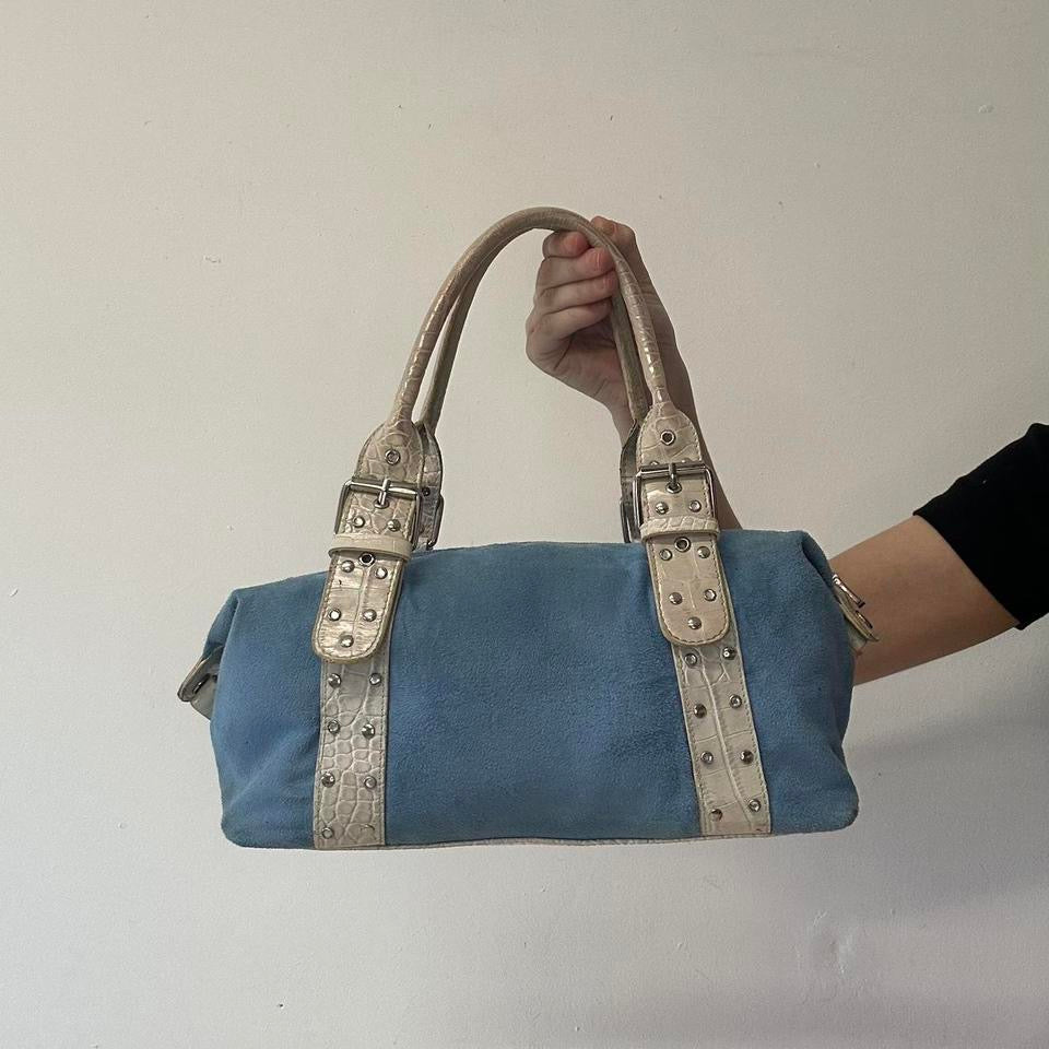 blue studded double buckle shoulder bag