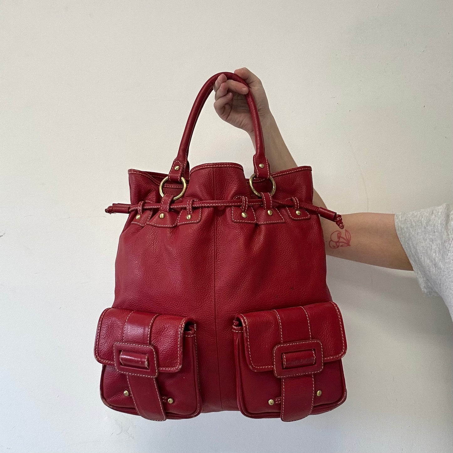 red genuine leather double pocket shoulder bag
