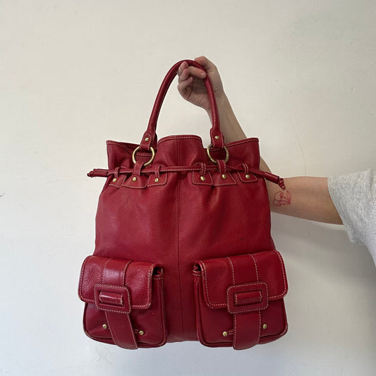 red genuine leather double pocket shoulder bag