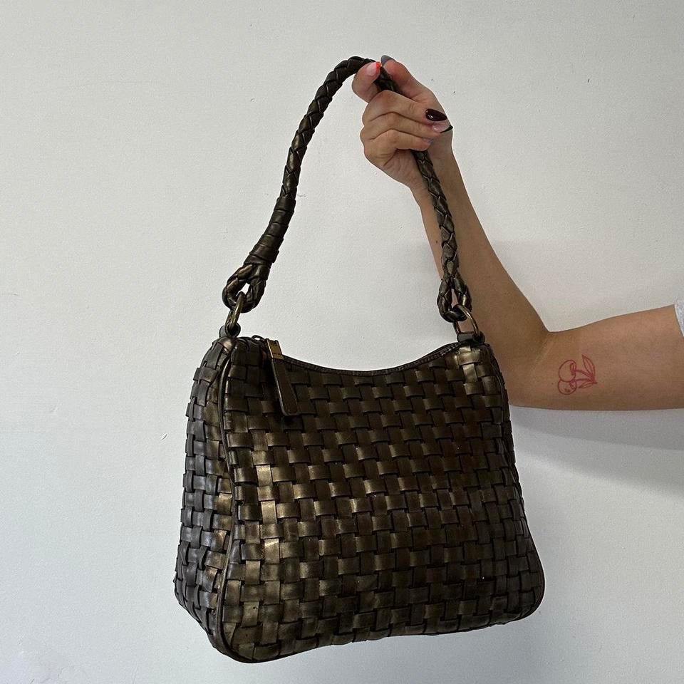 bronze faux leather woven shoulder bag