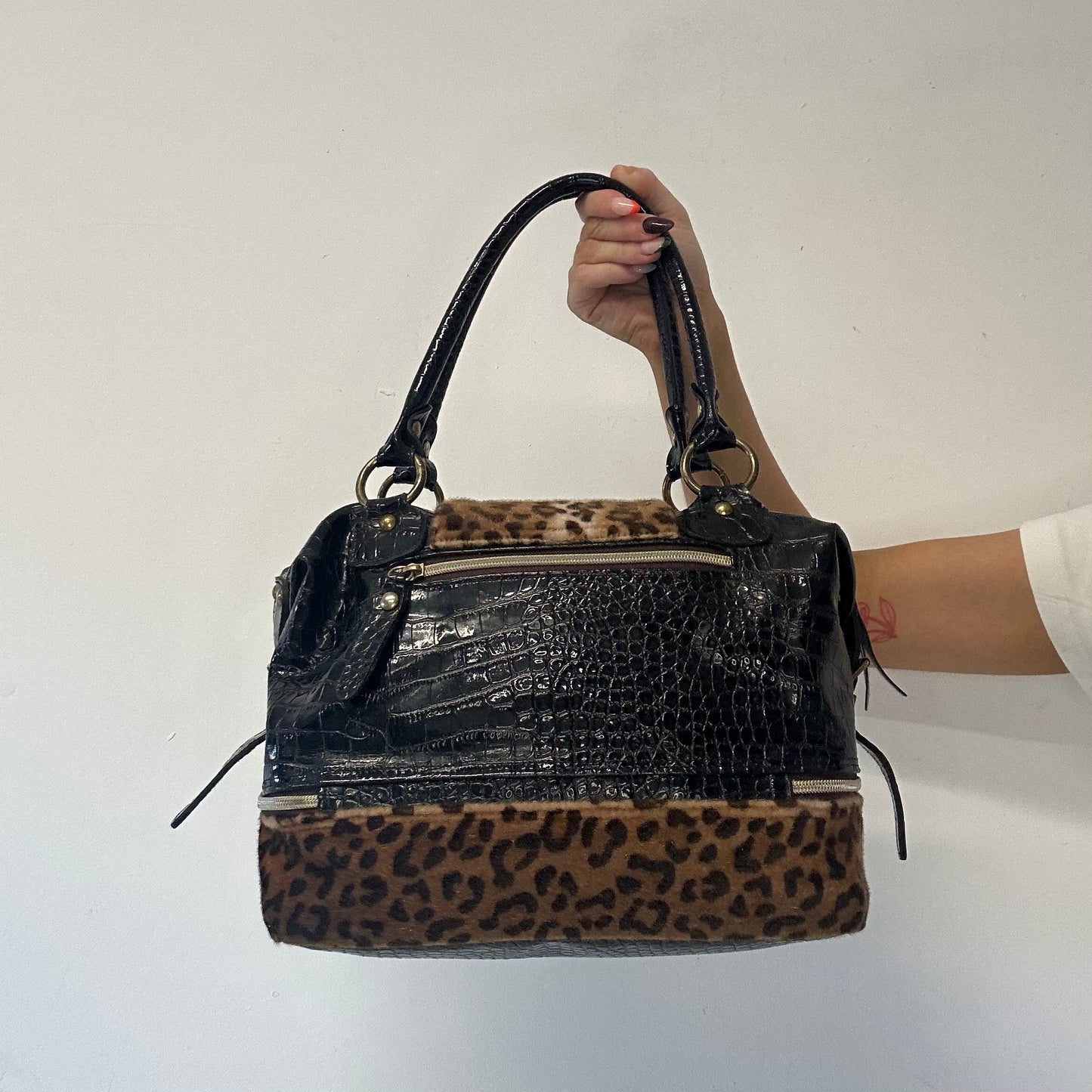 black croc effect and leopard print shoulder bag