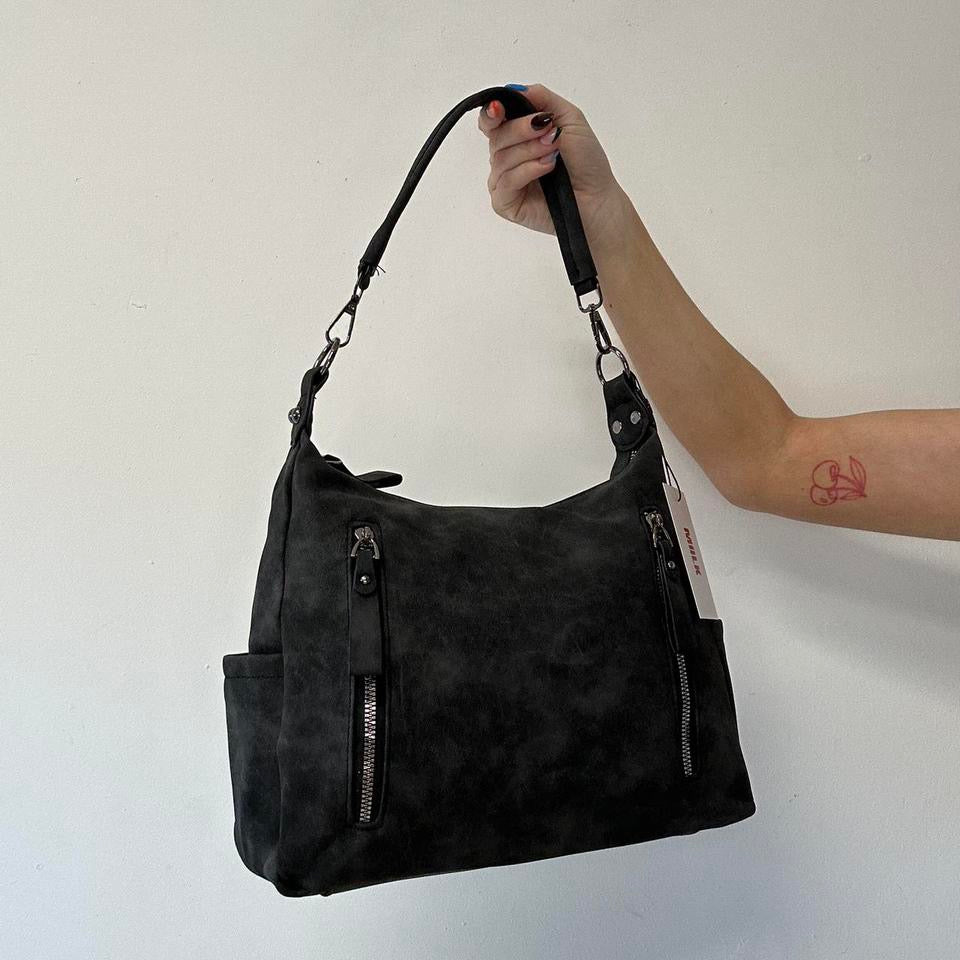 black faux leather double zip shoulder bag