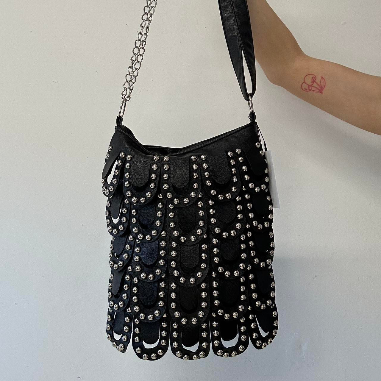 black faux leather studded layered shoulder bag