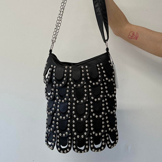 black faux leather studded layered shoulder bag
