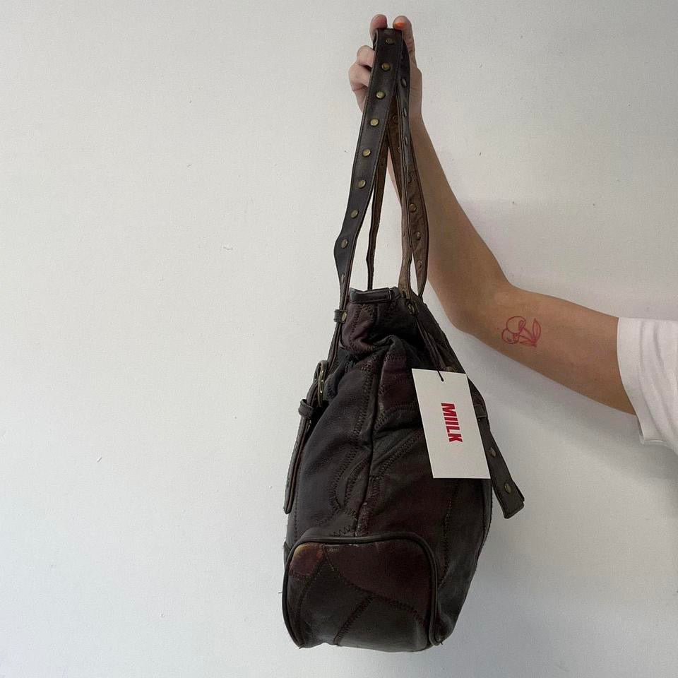 brown patchwork leather studded shoulder bag