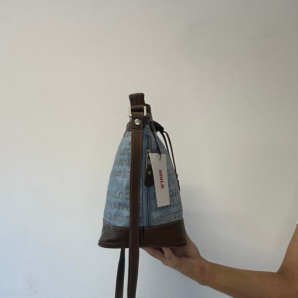 blue and brown crossbody drawstring bag