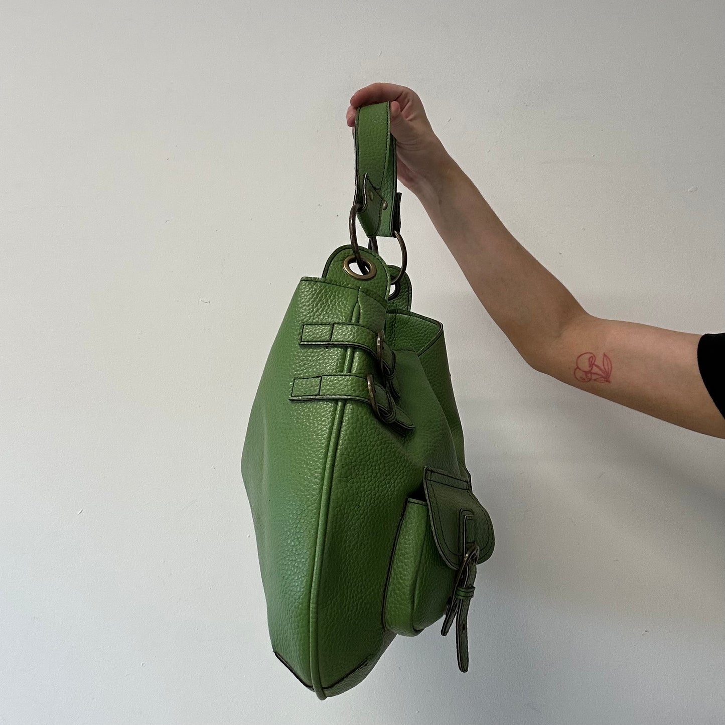 green double buckle faux leather shoulder bag
