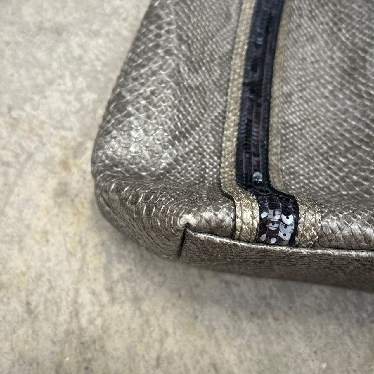 silver and sequinned croc effect faux leather shoulder bag