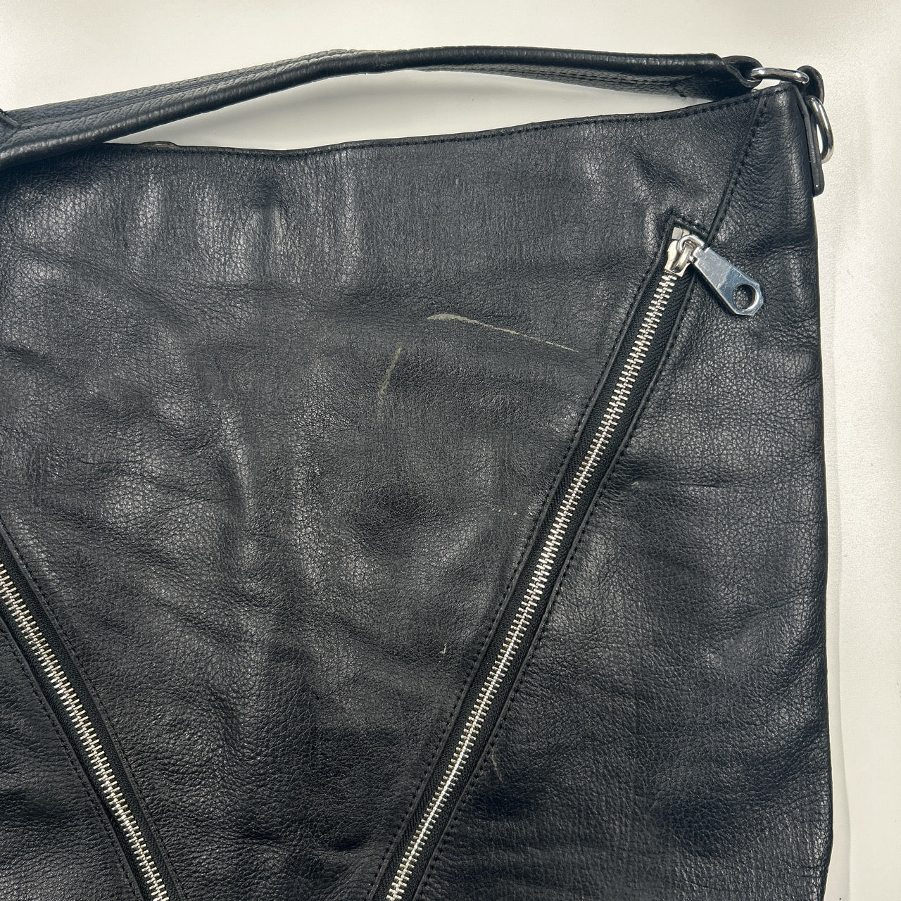 black genuine leather double zip shoulder bag