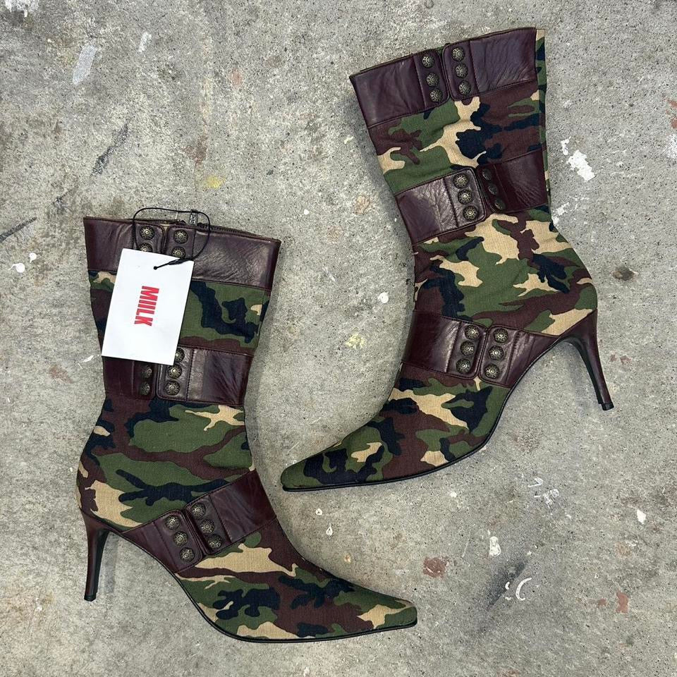 green camouflage studded heeled boots