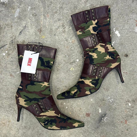 green camouflage studded heeled boots