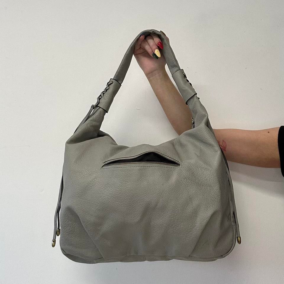 grey studded slouchy faux leather shoulder bag