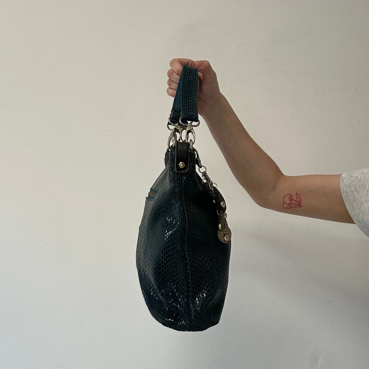 turquoise croc effect faux leather shoulder bag