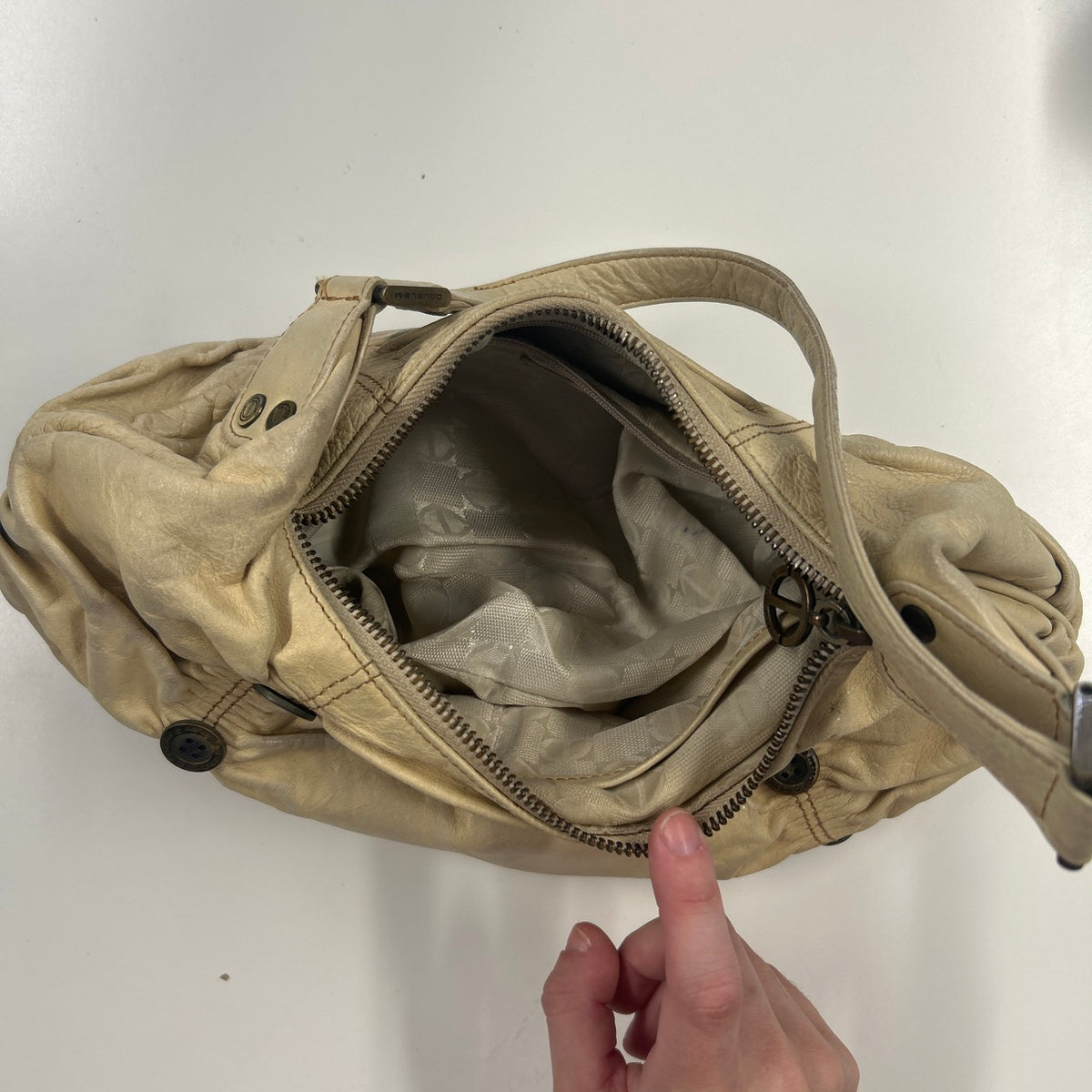 cream tanned ruched button shoulder bag