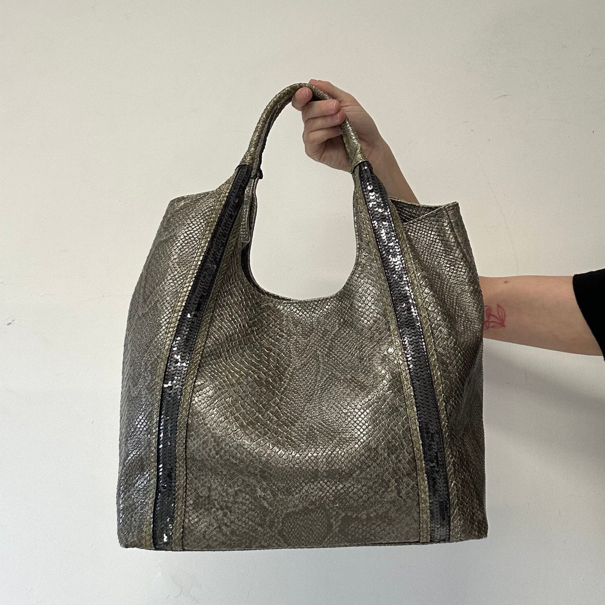 silver and sequinned croc effect faux leather shoulder bag