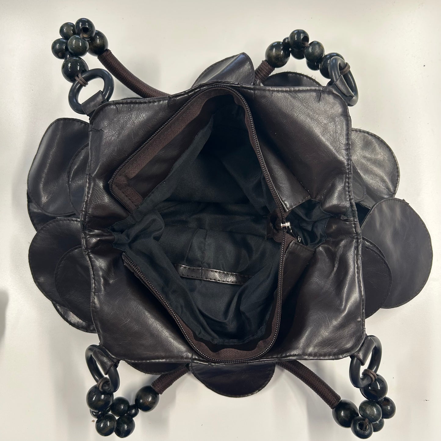 dark brown faux leather disc beaded shoulder bag