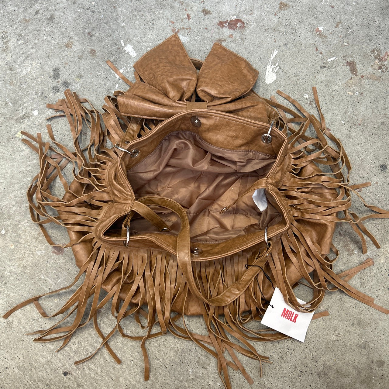 brown fringe oversized bow faux leather shoulder bag