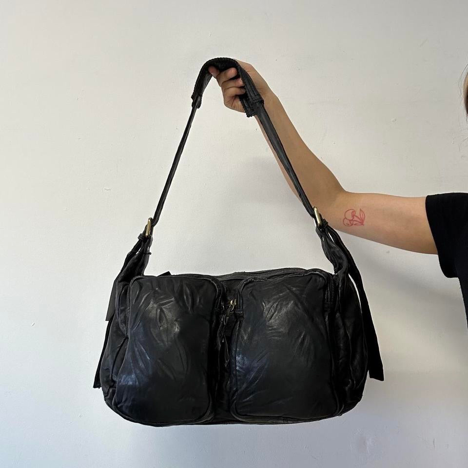 black double pocket genuine leather shoulder / crossbody bag