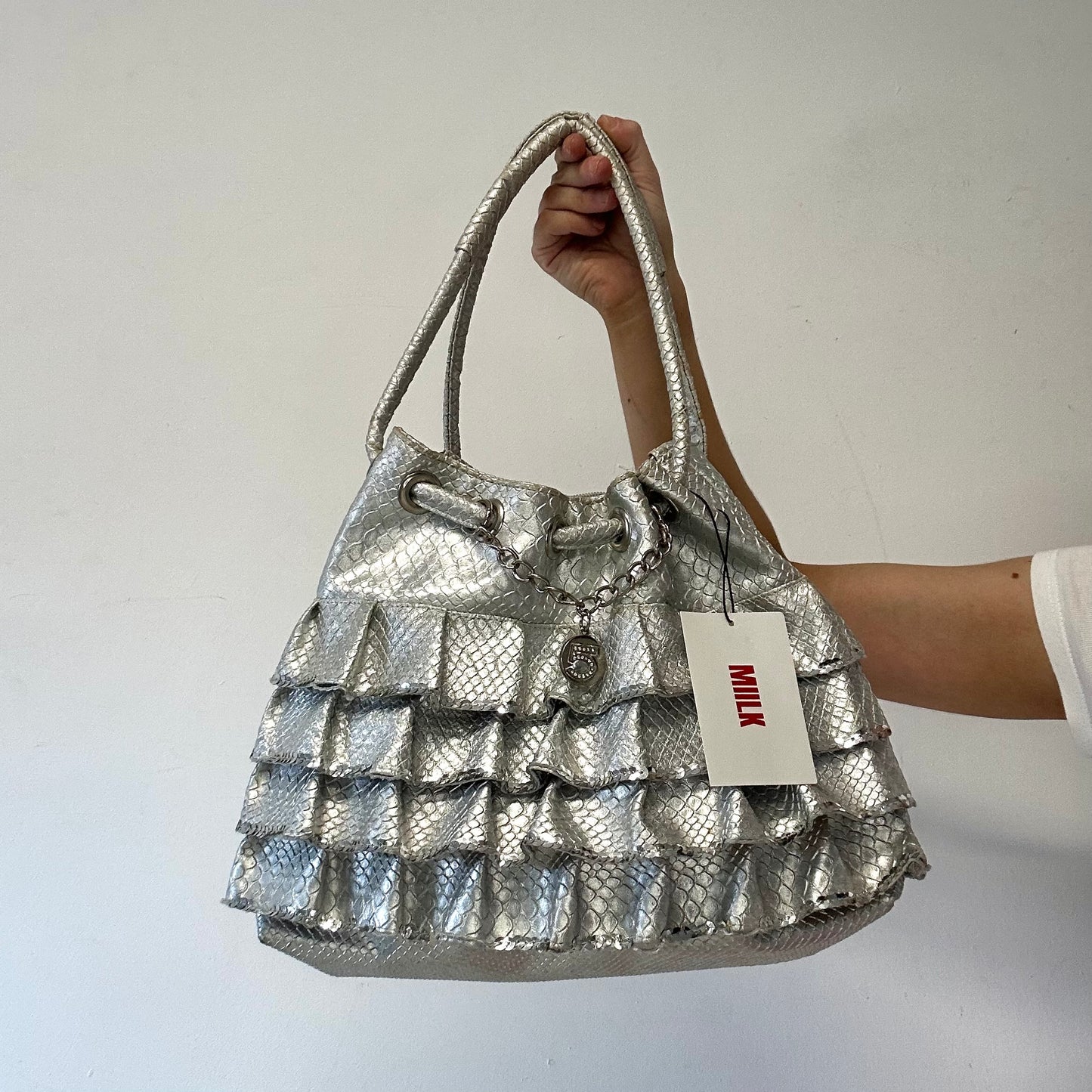 silver croc effect ruffled faux leather shoulder bag