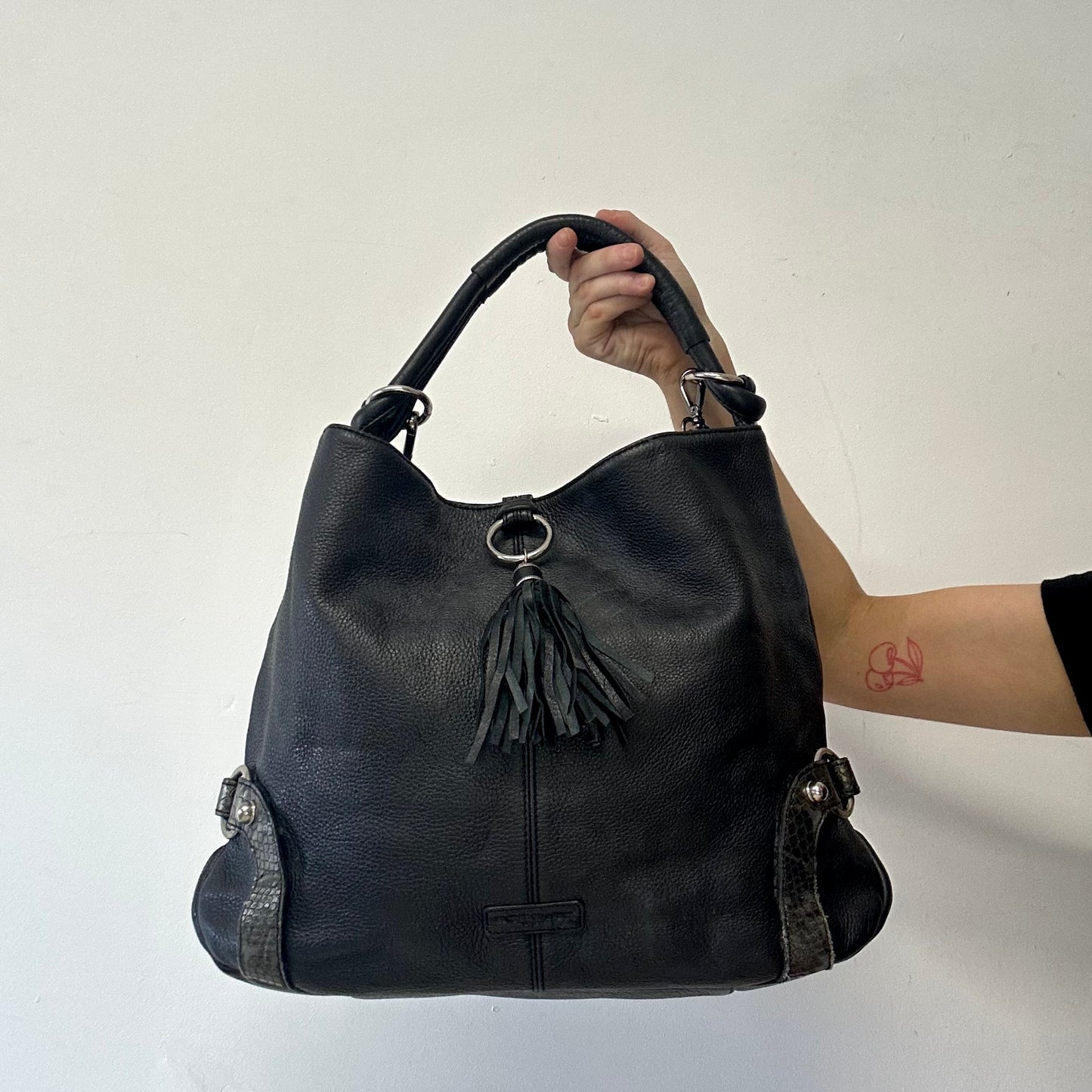 black ruched canvas and faux leather shoulder bag