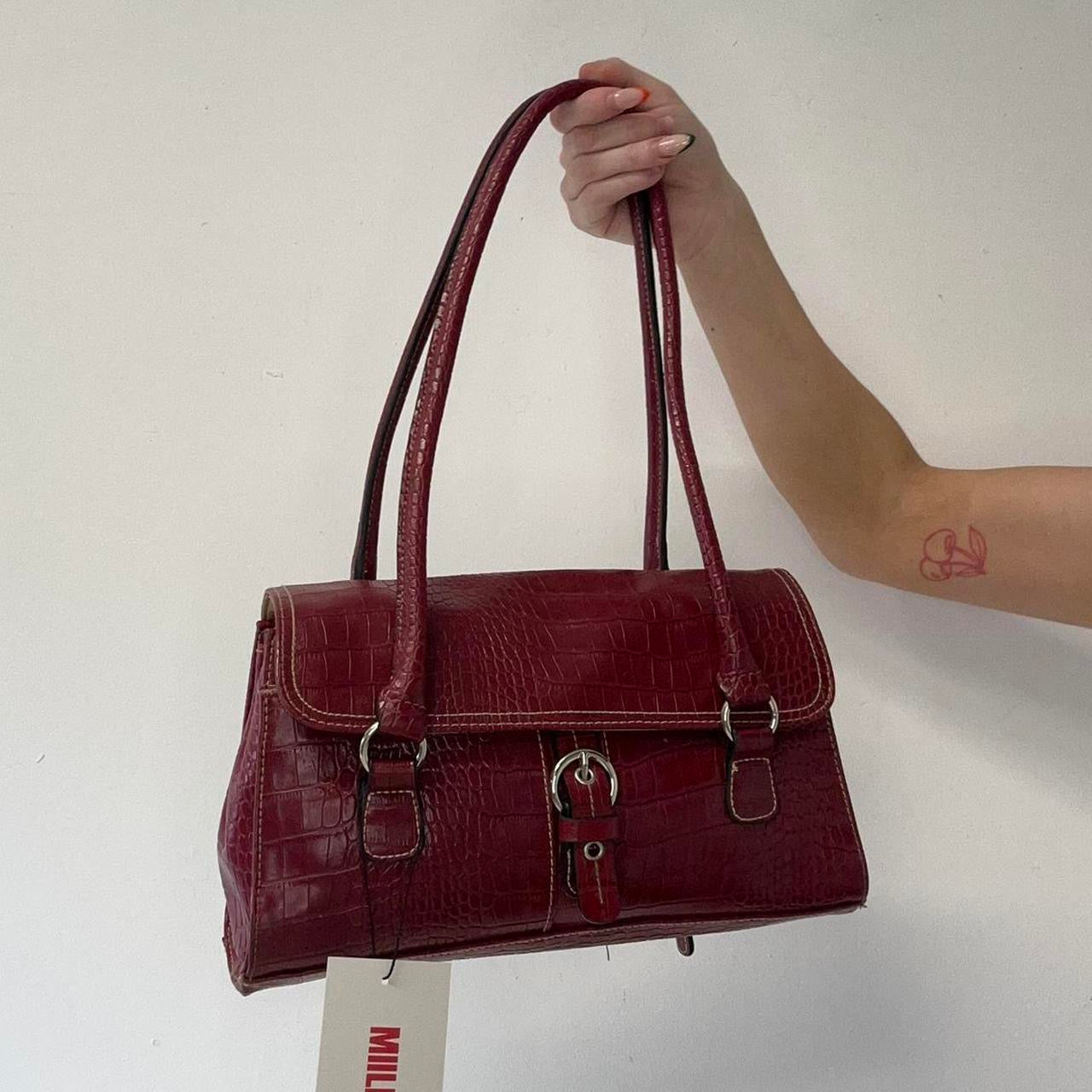 red croc effect faux leather buckle shoulder bag