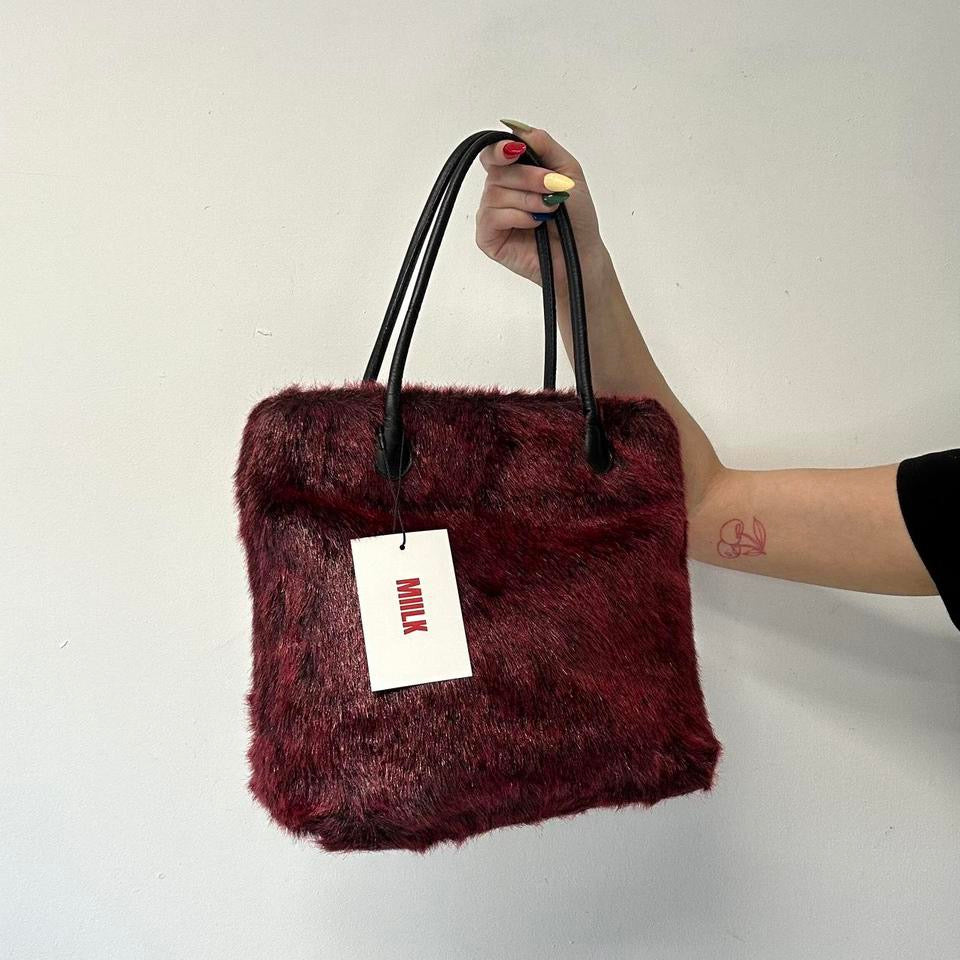 red and black faux fur shoulder bag