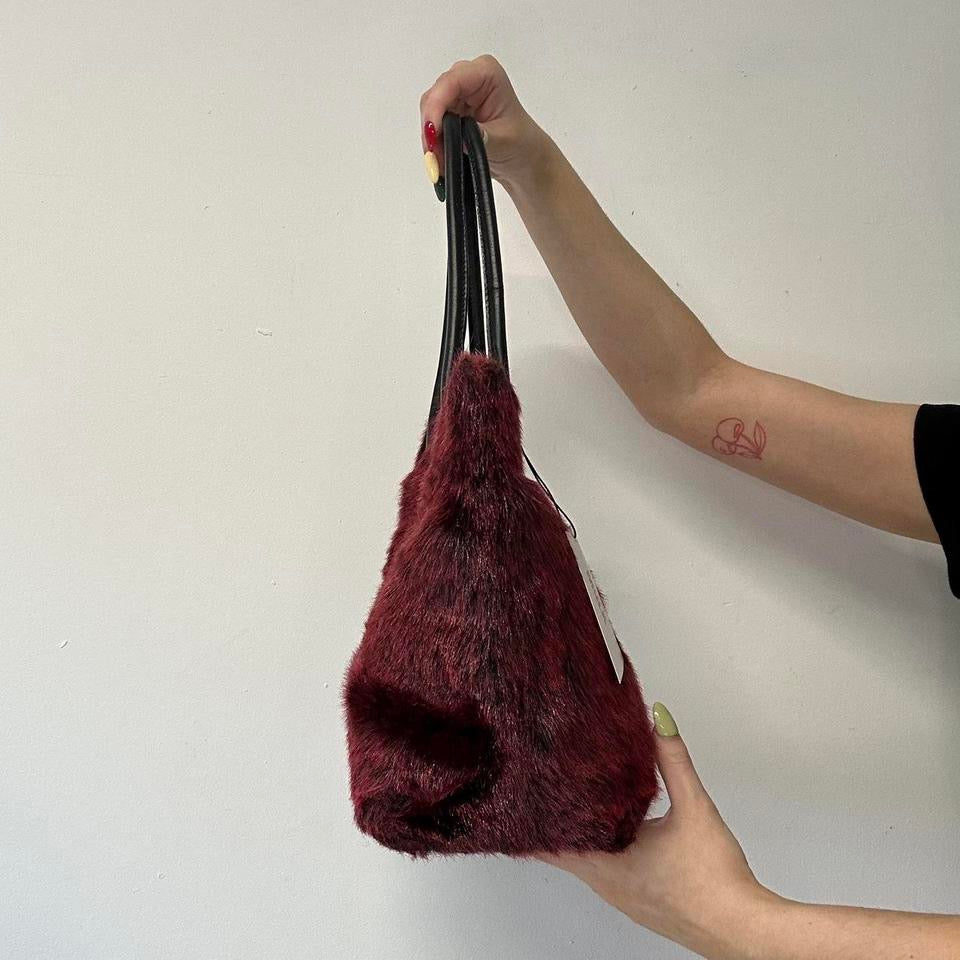 red and black faux fur shoulder bag