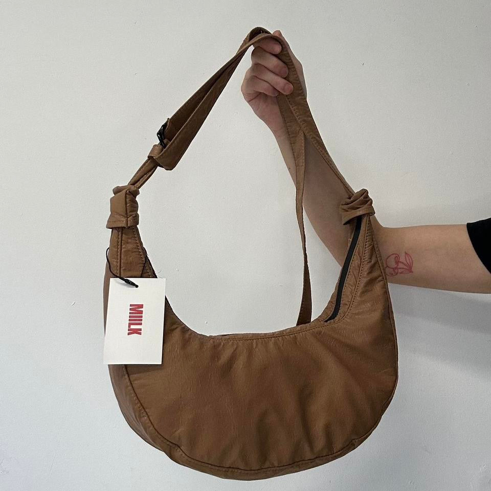 brown crescent adjustable strap shoulder  bag