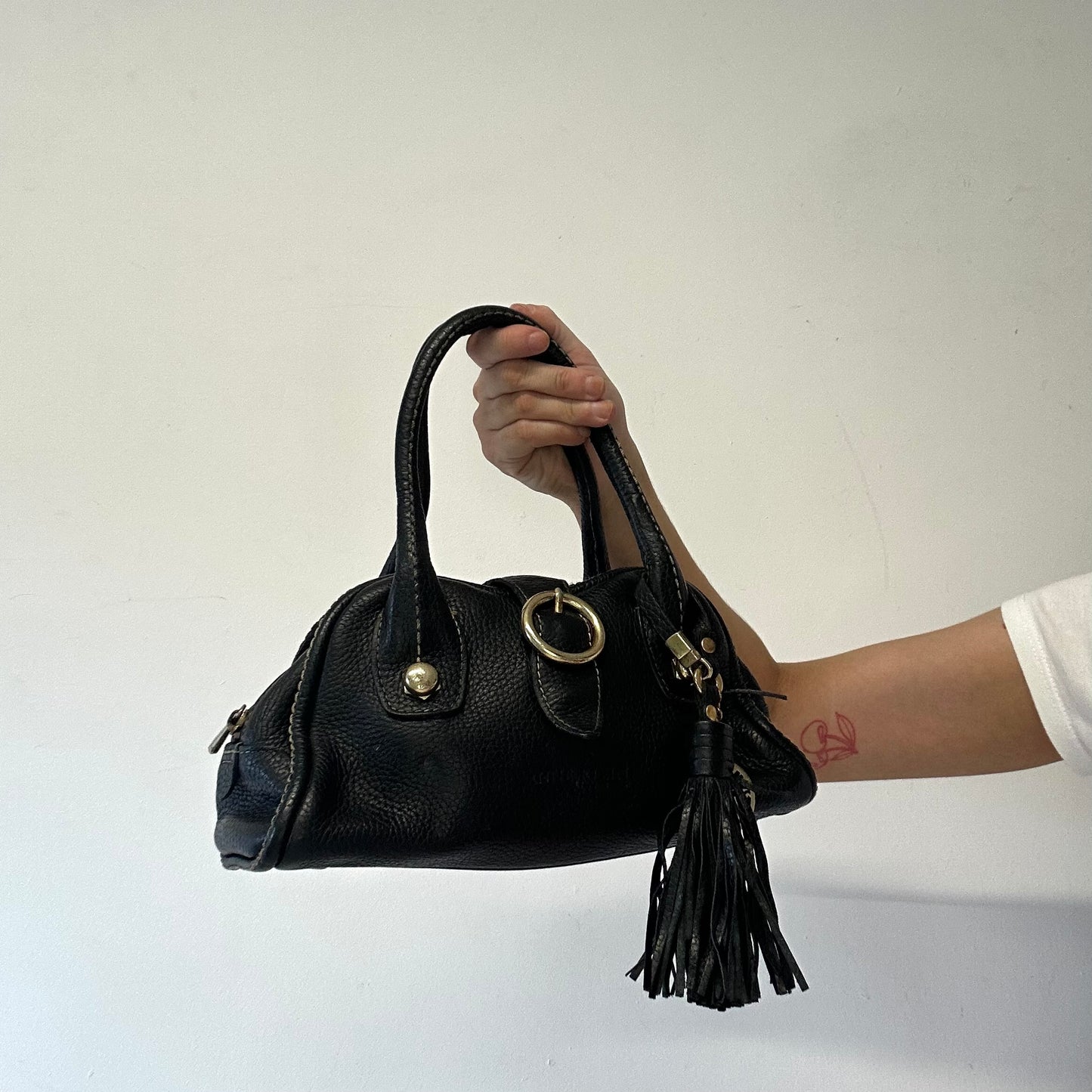 black genuine leather buckle mini shoulder bag